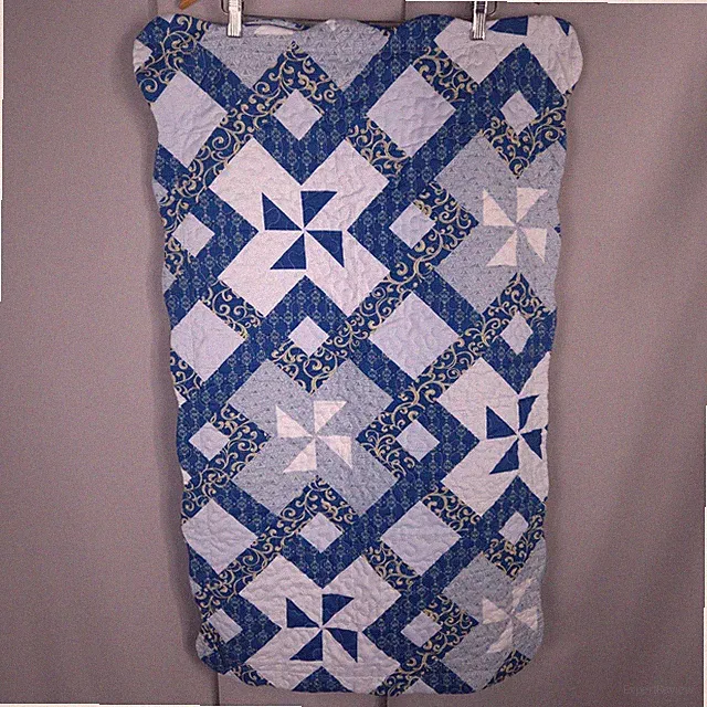2 King Pillow Shams Blue Patchwork Pinwheel Quilted Farmhouse Folk Art Rustic