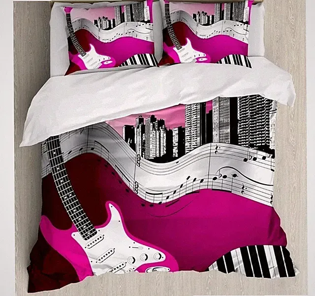 Ambesonne Music Duvet Cover Set, Bass Guitar Keyboard Urban Rock