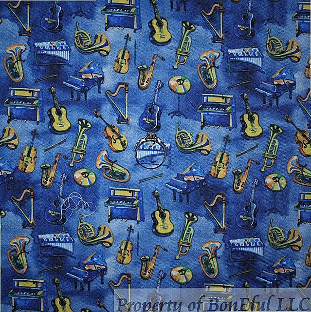 BonEFul FQ Cotton Quilt Blue Tone Tonal Music Piano Guitar Horn Blues Jazz Band