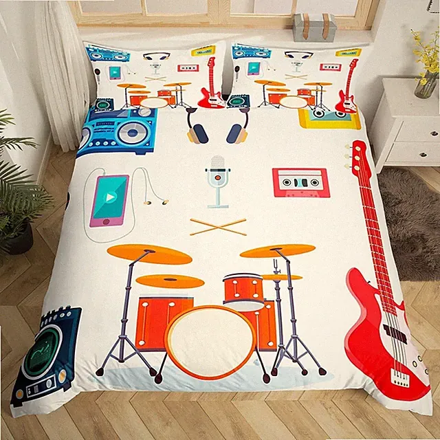 Boys Electric Guitar Bedding Set Full Size,Music Notes Musical Instruments Co...