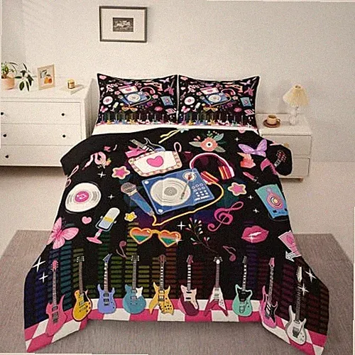 Cartoon Girls Music Comforter Singer Guitar Women Bedding Full Black Colorful