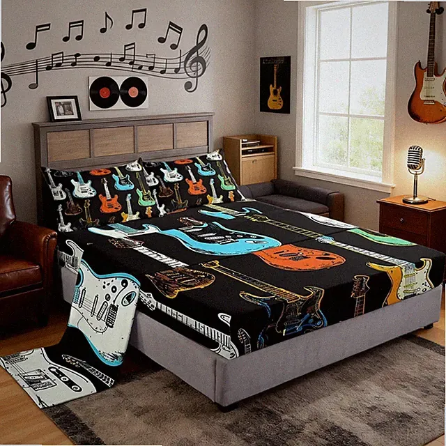 Colorful Guitar Full Size Musical Instruments Bedding Set Rock Bass Music Lov...