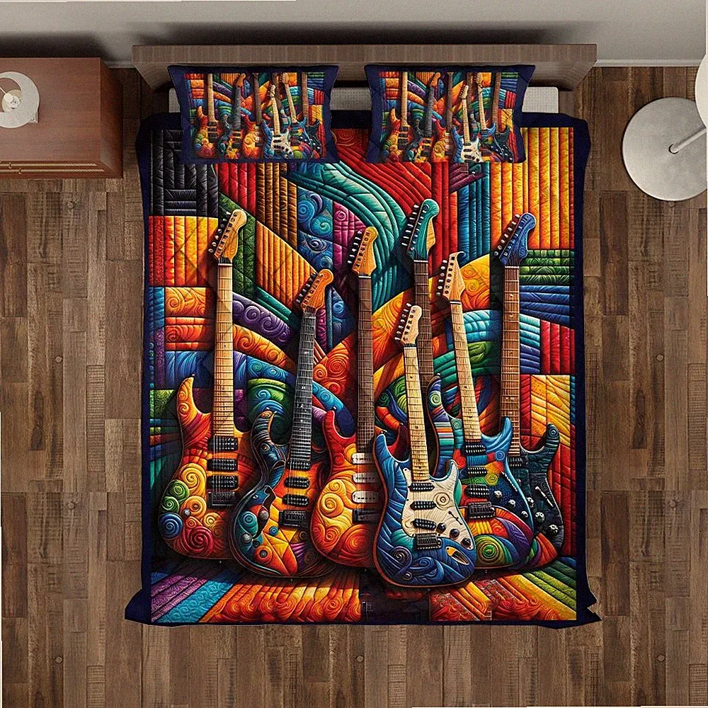 Colorful Guitar Lovers Quilt Bedding Set, Music Themed Comforter Cover Bedroom