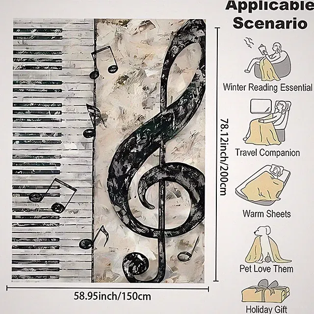 Cozy Music-Themed Flannel Throw Blanket - Piano & Notes Design, Soft & Warm fo