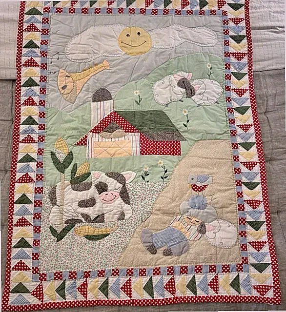 Crib Quilt 36" x 44" Barn Animals Sun Music Sleeping Boy Beautiful!