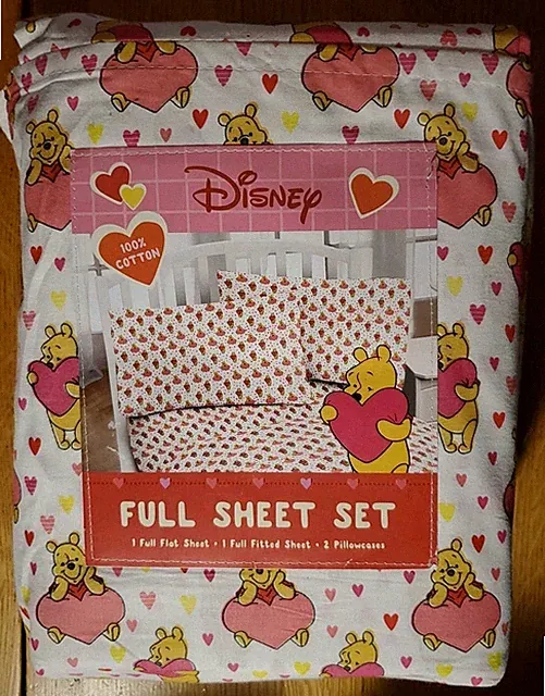 Disney Winnie Pooh Valentine's Day Cotton 4pc Full Sheet Set Red & Pink Hearts