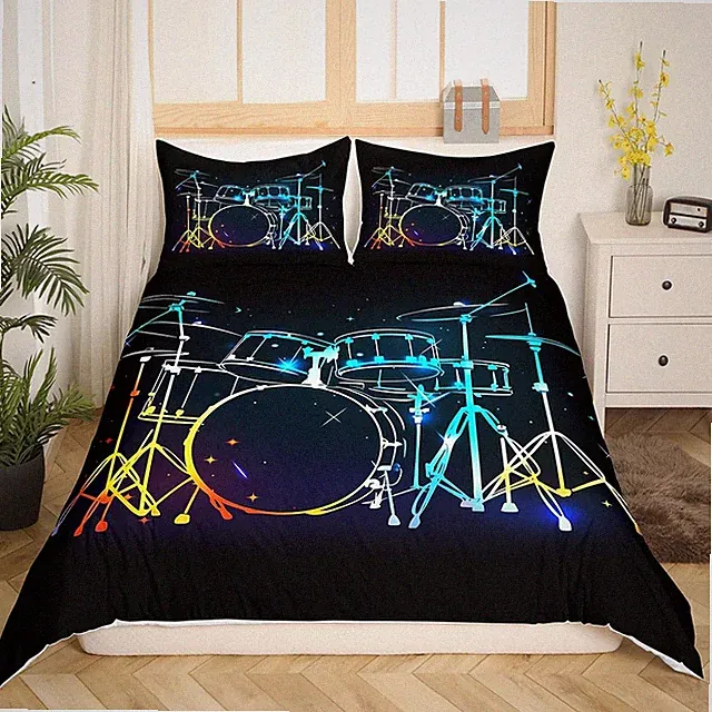 Drum Kit Duvet Cover,Musical Instruments Bedding Set,Rock Music Comforter Cov...