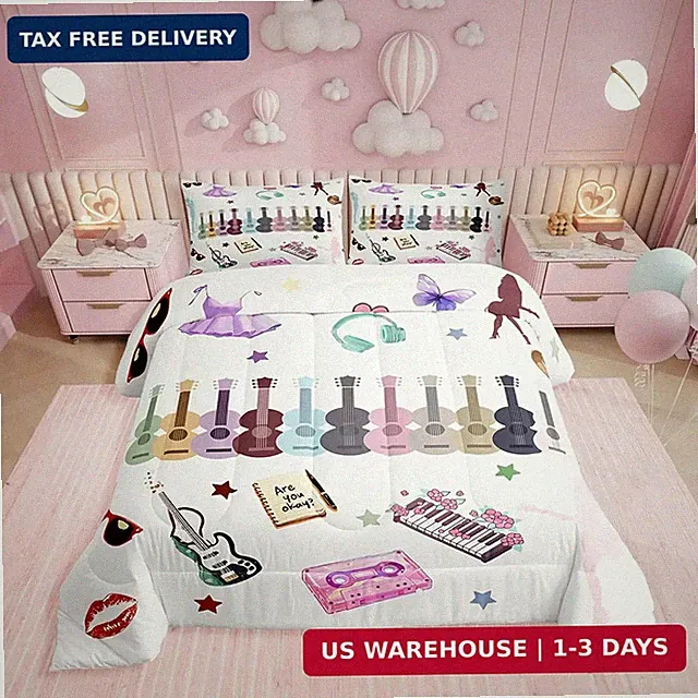 Erosebridal Music Fans Print Queen Comforter Set Music Theme Bedding Set Singer