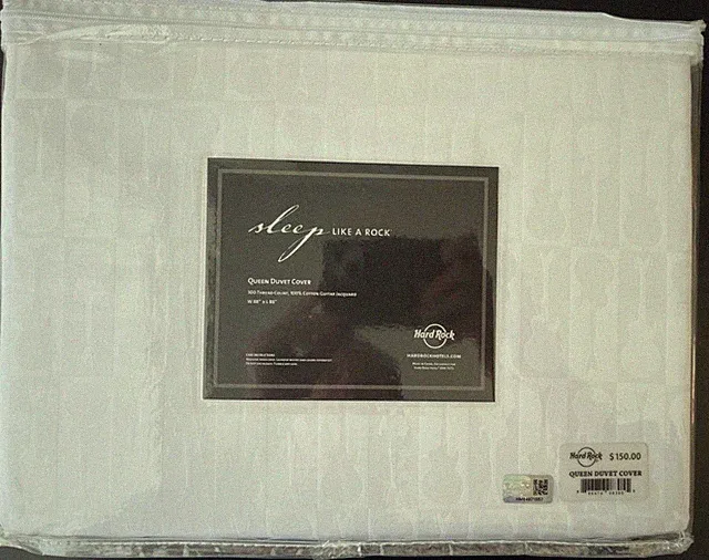 Hard Rock Hotel Queen DUVET COVER Jacquard Guitar Print 300 Thread Count White