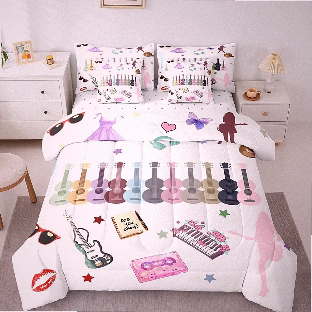 Music Fans Print Comforter Set Twin Music Theme Bedding Sets 7 Piece Singer F...