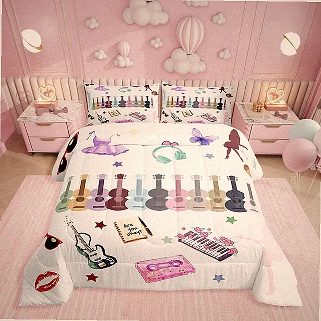 Music Fans Print Queen Comforter Set Music Theme Bedding Set Singer Fans Whit...