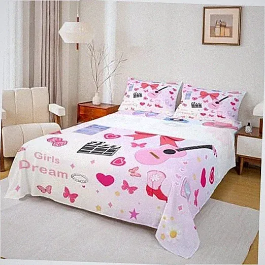 Music Themed Bed Sheets Set,Guitar Singer Vinyl Record Bedding Twin Red Pink