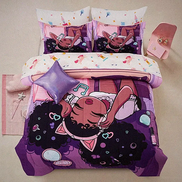 Purple Comforter Sets,Black Girl Listening Music Printed, 6Pcs A Bag Queen Size