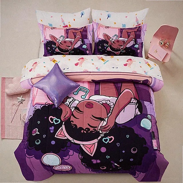 PURPLE COMFORTER SETSBLACK GIRL LISTENING MUSIC PRINTED 6PCS BED IN A BAG FULL S