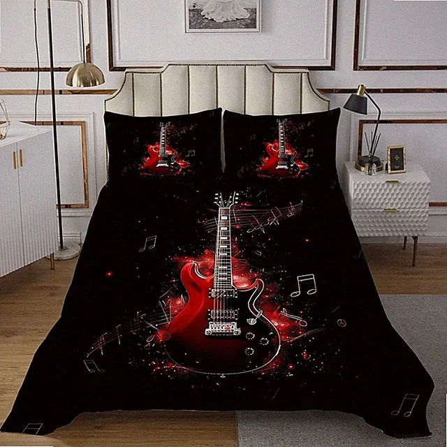 Red Guitar Bedspread Twin Size,Hip Pop Music Bedding Set for Kids Girls Boys...