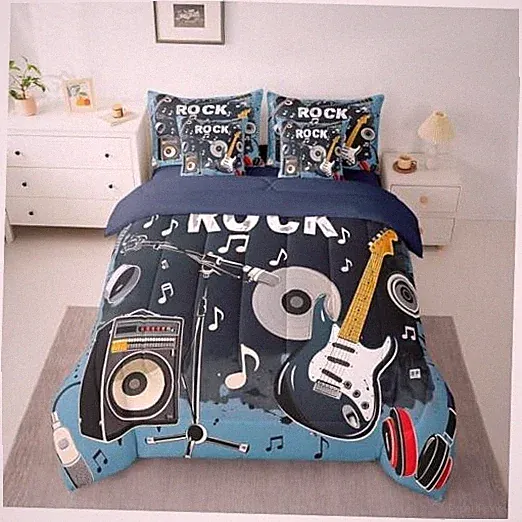 Rock Music 7 Piece Bedding Set Size Guitar Musical Comforter King Black Blue