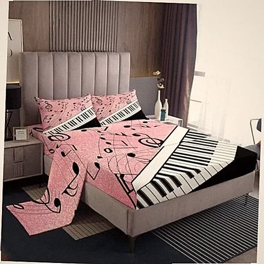 Sheet Set Size, Black Piano andal Note Bed Sheet Set 4pcs with Queen Music