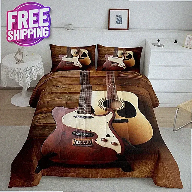 Vintage Guitar Bedding Set - Queen Acoustic Comforter for Music Lovers